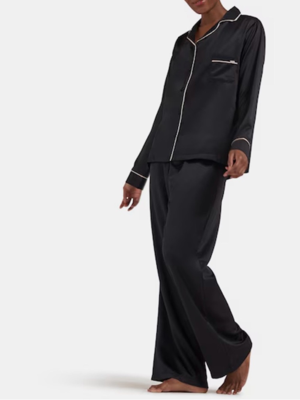 Bluebella Claudia Satin Pajama Set Black Contrast Piping Long Sleeve Small